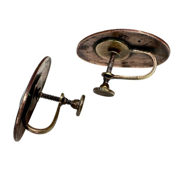 Vintage Artsy Oval Enamel Copper Screw Back Earrings Mid Century Art Abstract - Picture 7 of 8